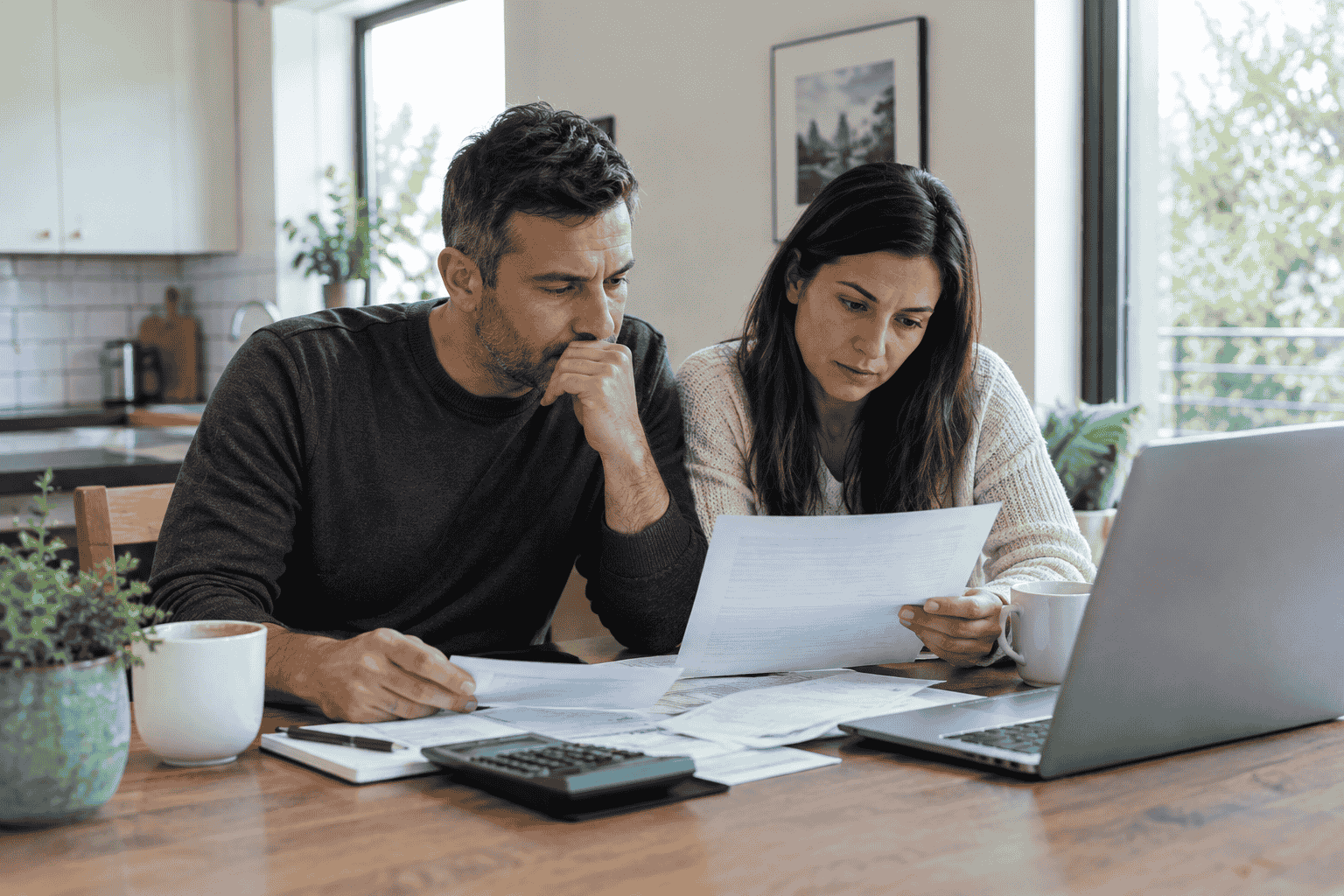 A couple is reading HELOC loans paper