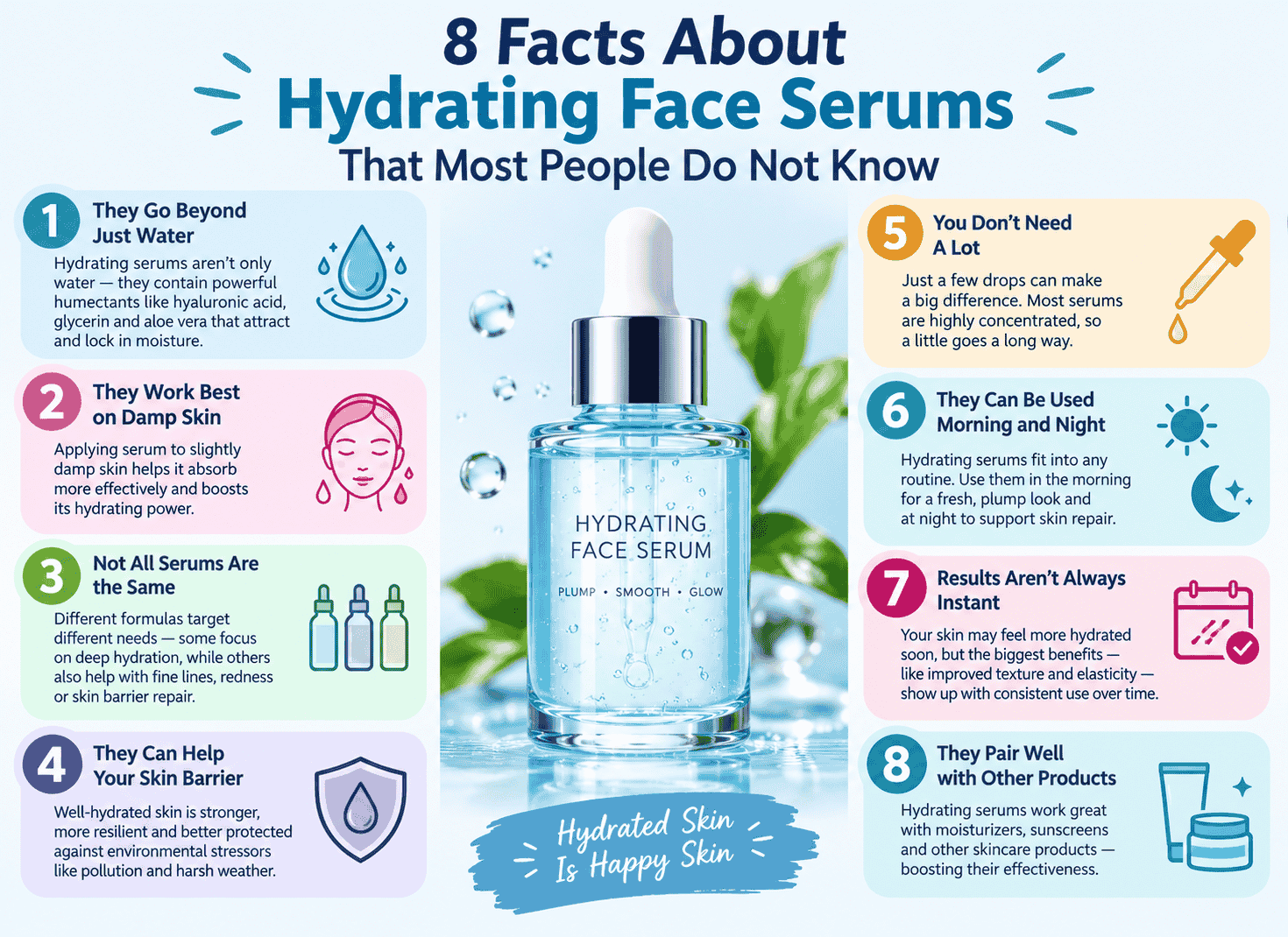 Infographic contains 8 facts about hydrating face serum