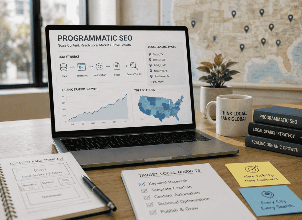 A laptop screen showing Programmatic SEO analytics