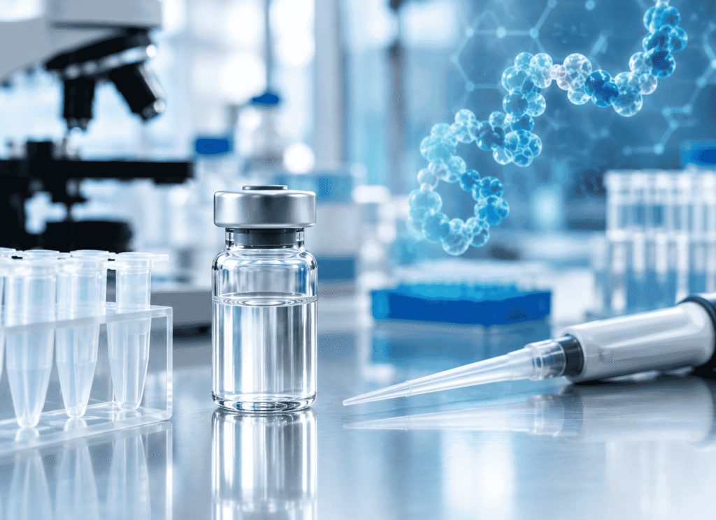 TB-500 injection on a table in a lab, Blurred microscope in the background.