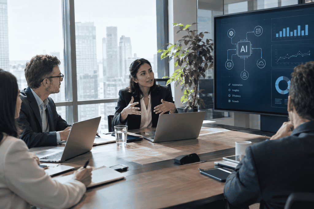 A corporate team is discussing how to get most from Business AI