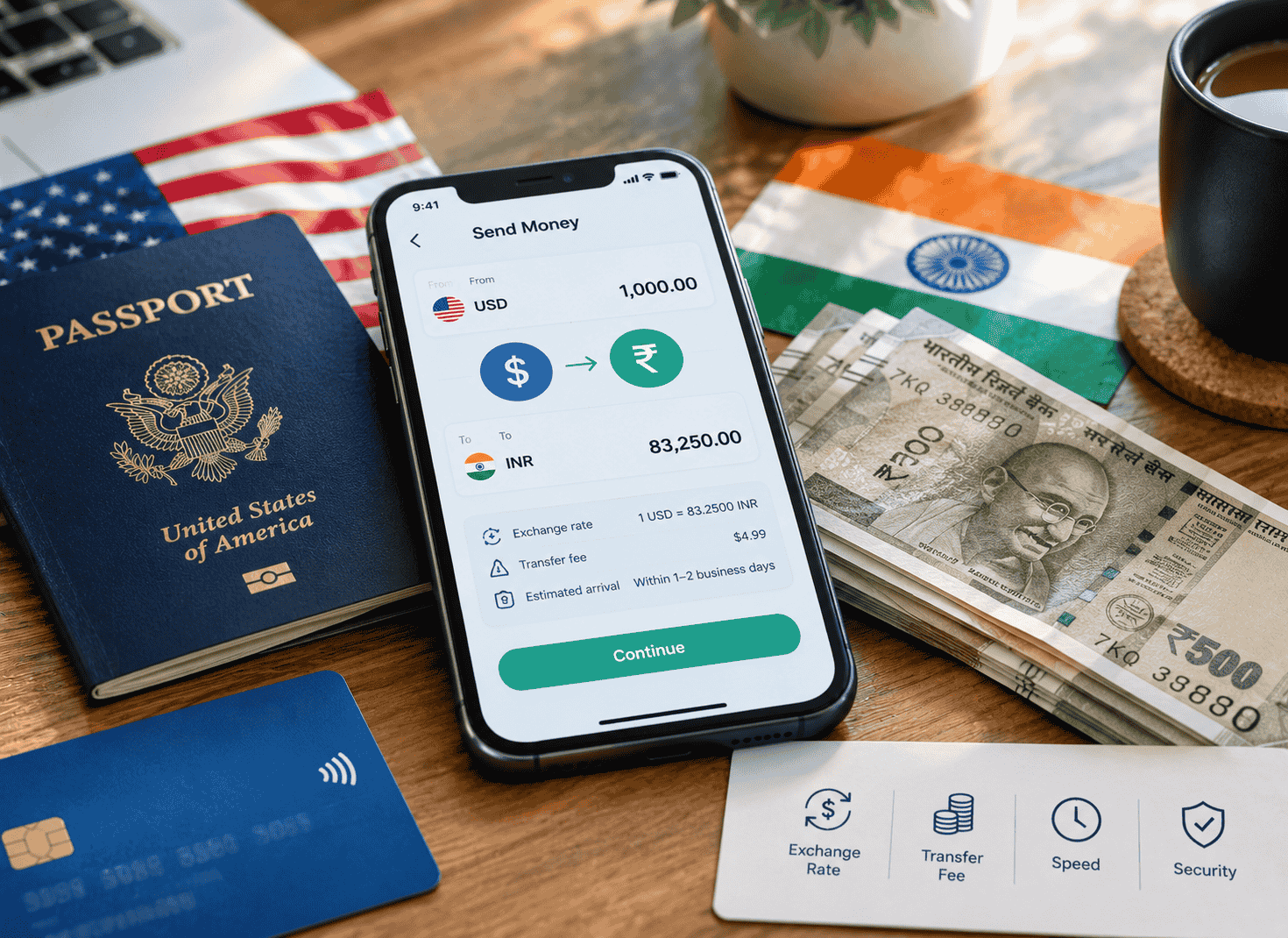 A U.S and Indian national flags and a mobile phone with a money transfer app on the screen
