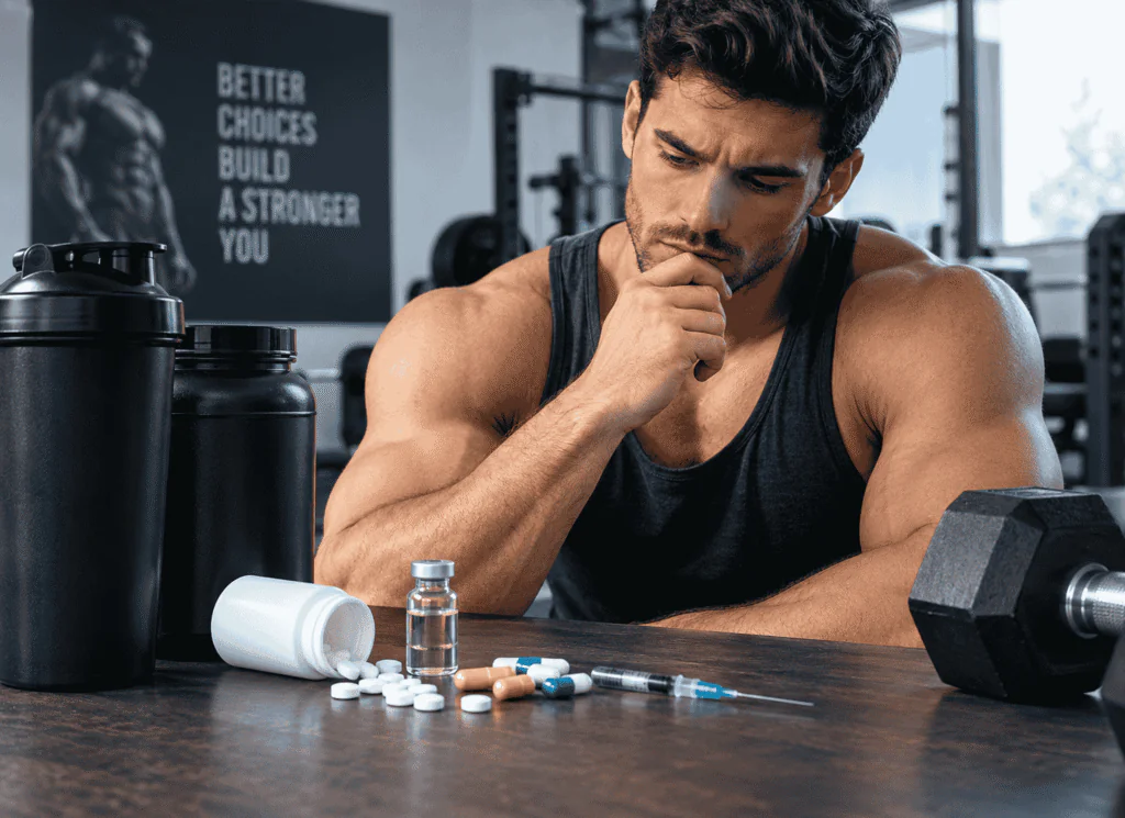 A bodybuilder is watching at performance enhancing pill/steroids and medicines.