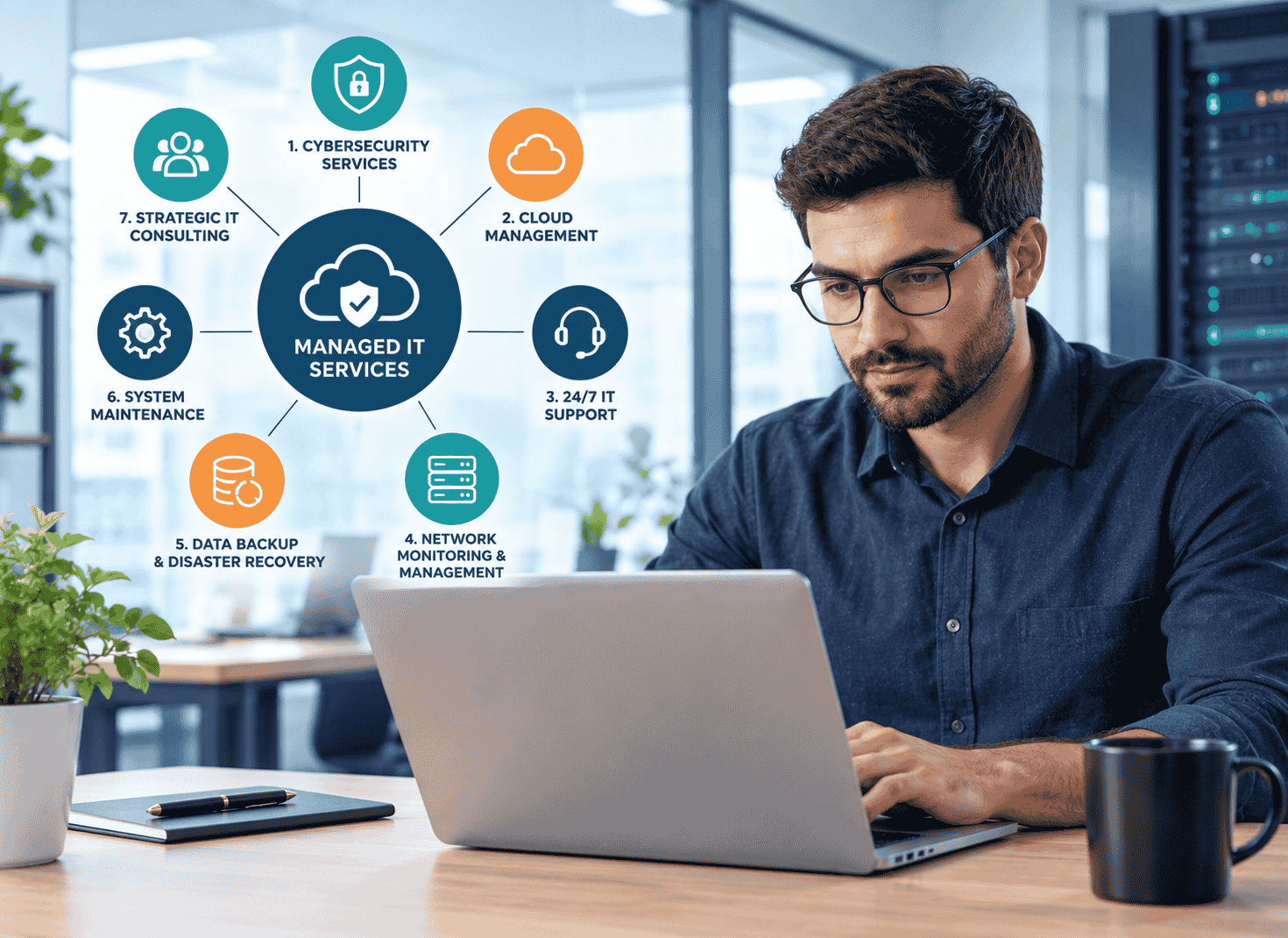 Infographic image is showing bubble graphics containing 7 types of managed IT services and a man is watching at the laptop screen