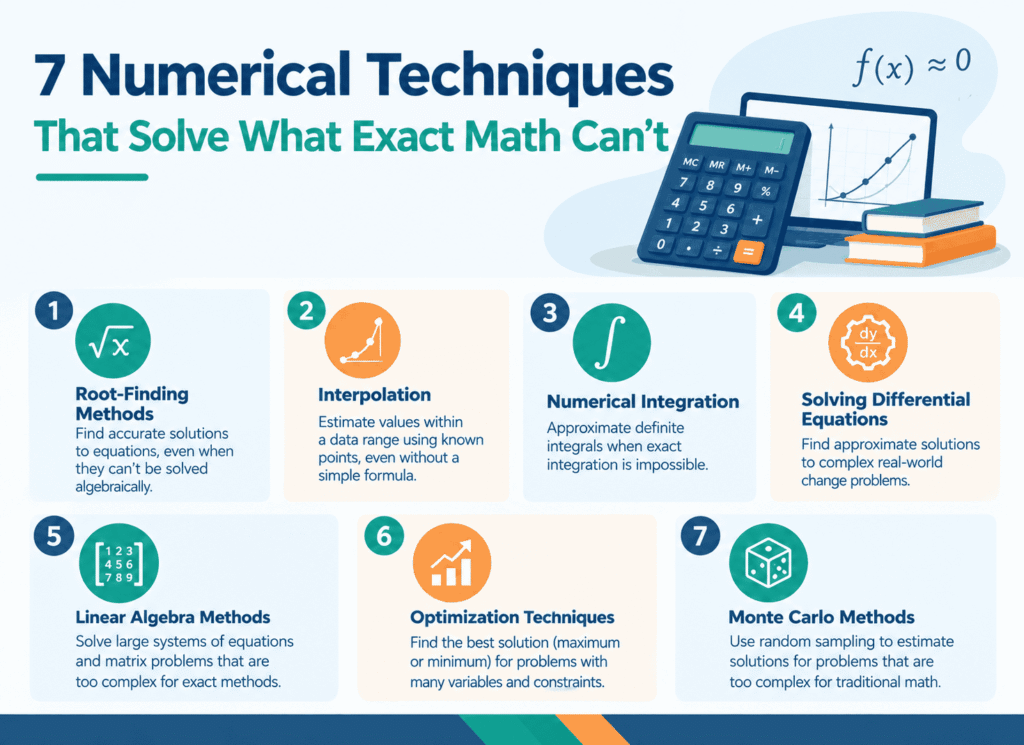 Infographics image is showing 7 Numerical method techniques that solve what exact math can't