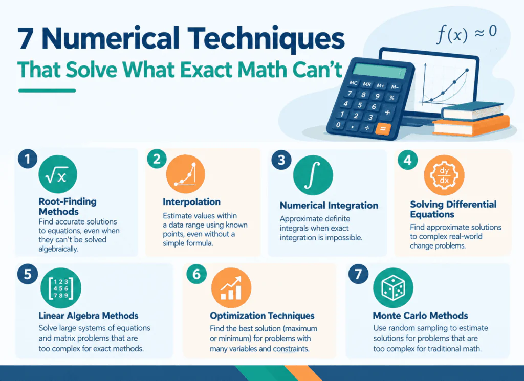 Infographics image is showing 7 Numerical method techniques that solve what exact math can't