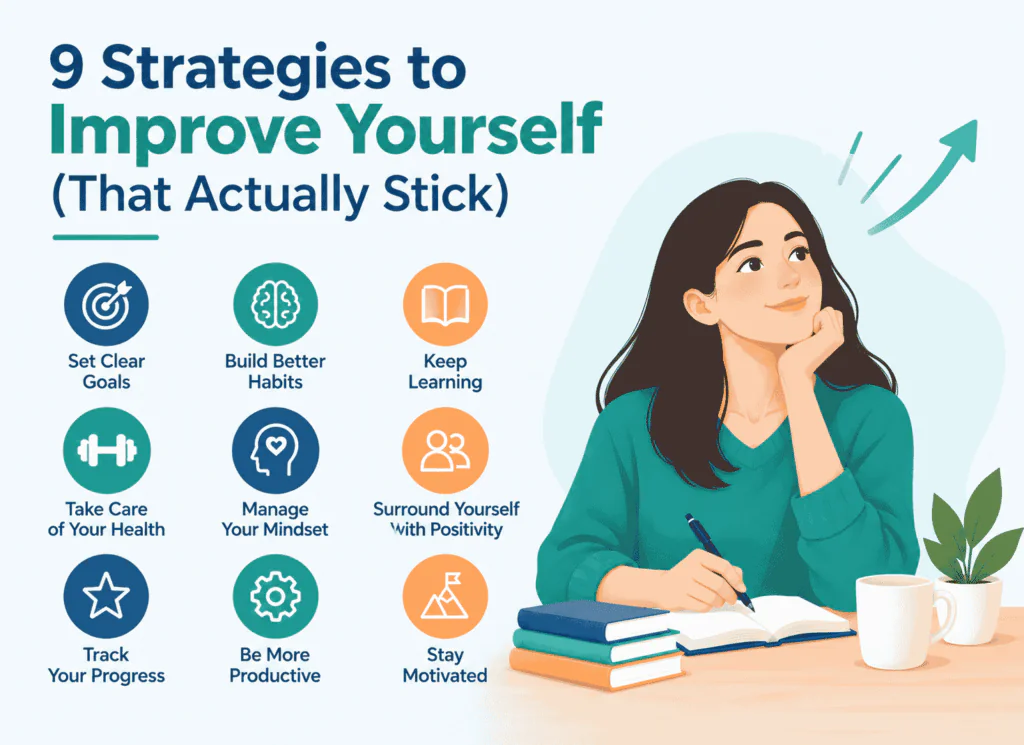 9 Self improvement strategies infographic