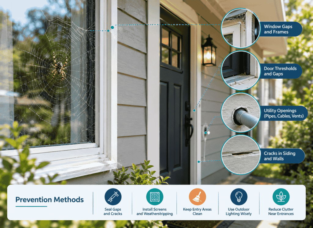 Spider entry points around windows and doorways with prevention methods.