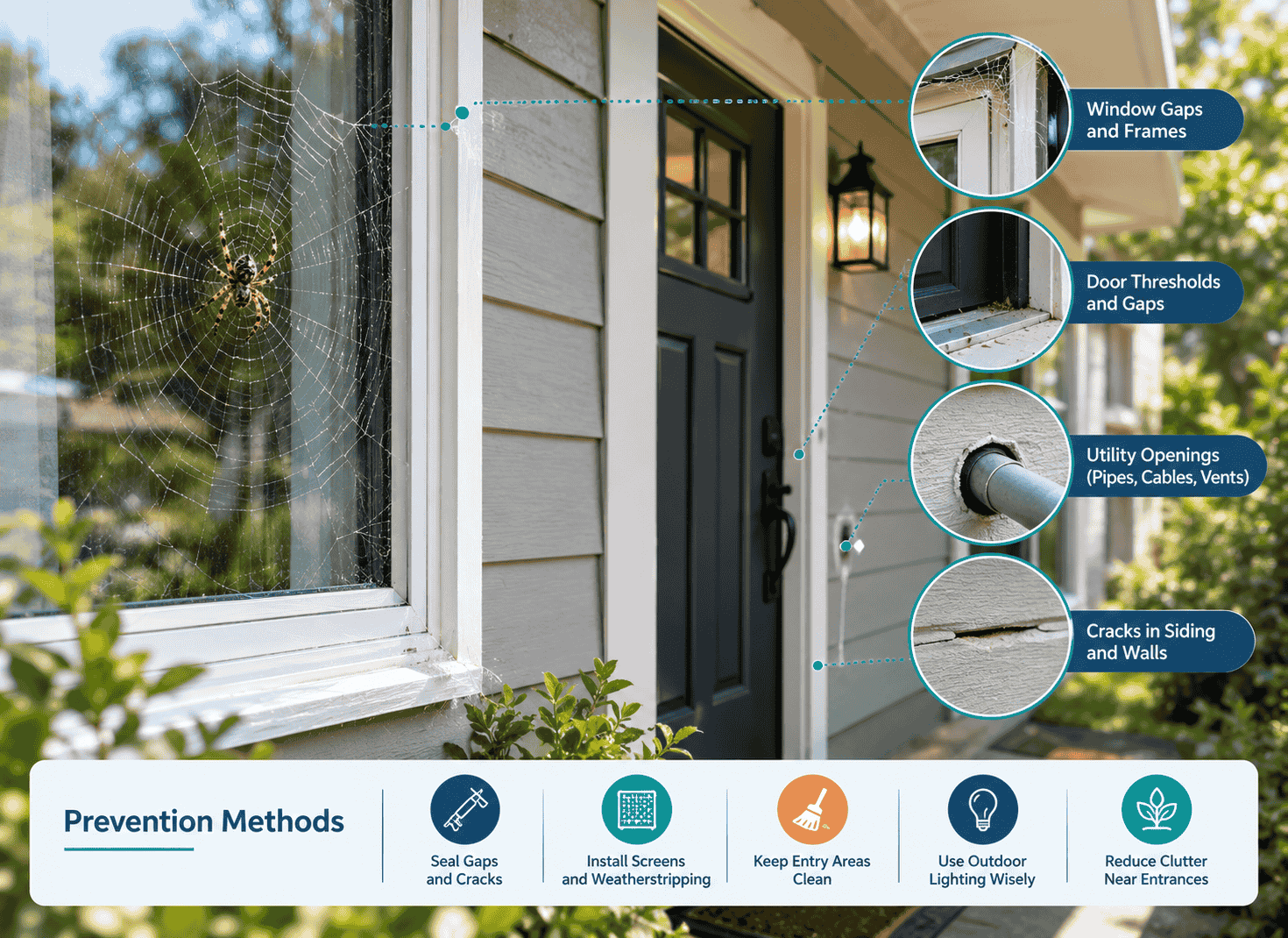 Spider entry points around windows and doorways with prevention methods.