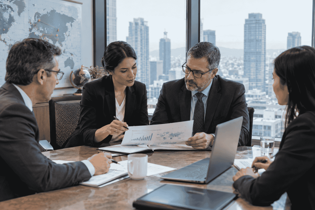 A CPA is showing transactional data to her senior officer in a corporate meeting